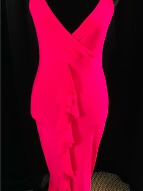Hot Pink V-Neck Ruffled Bodycon Dress